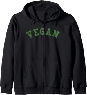 Sudadera Vegana con cremallera y capucha negra con texto verde VEGAN unisex.
