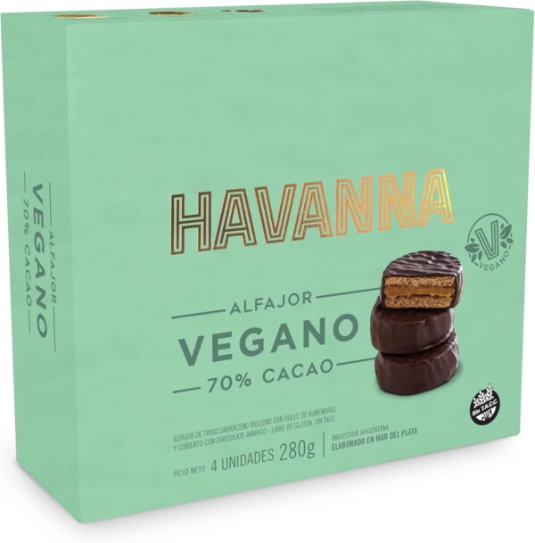 Havanna Alfajores Argentinos Veganos 70% Cacao | Galletas sin Gluten Rellenas de Dulce de Almendras | Alfajores Tradicionales Gourmet | Caja 4 Unidades | 280g