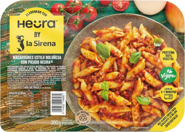 Comida vegana congelada macarrones estilo boloñesa con picado de heura