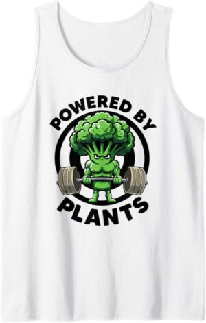 Tirantes blanca con mensaje vegano powered by plants brocolis cogiendo pesas ideal para regalo