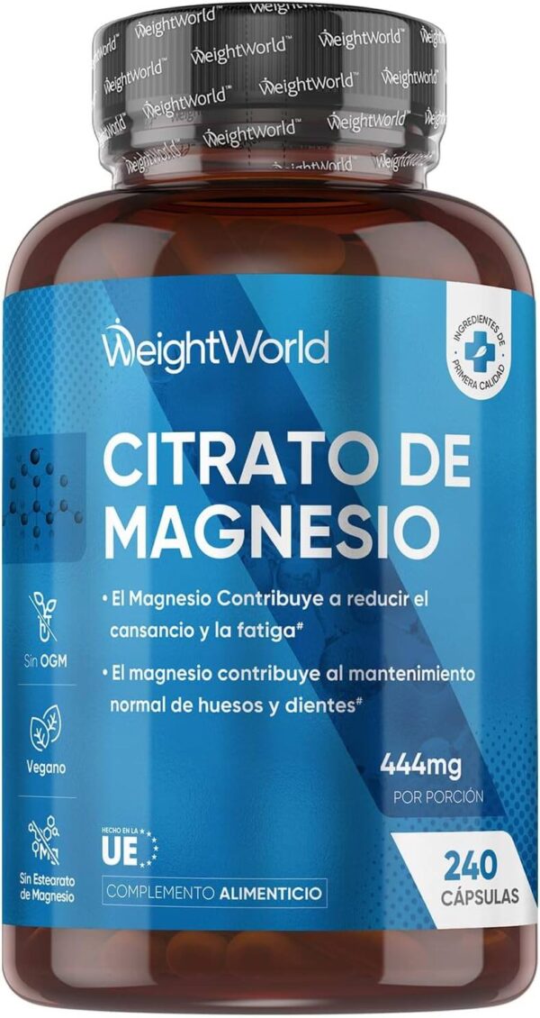 Citrato de magnesio vegano  sin glúten 240 capsulas para evitar cansancio y fatiga WeightWorld - TodoVegano.eu
